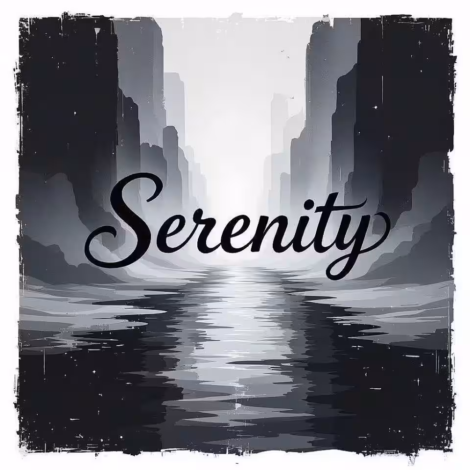 Sereniteit, abstracte kunst posterontwerp, monochrome tonen kleurenschema, gecentreerde compositie perspectief, rustige sfeer atmosfeer, artistieke lettervormgeving, creatieve typografie, expressief tekstontwerp, visuele poëzie esthetiek, abstracte tekstelementen