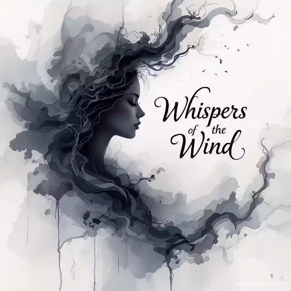 Fluisteringen van de Wind, abstracte kunst posterontwerp, monochrome tonen kleurenschema, gecentreerde compositie perspectief, rustige sfeer atmosfeer, artistieke lettervormgeving, creatieve typografie, expressief tekstontwerp, visuele poëzie esthetiek, abstracte tekstelementen