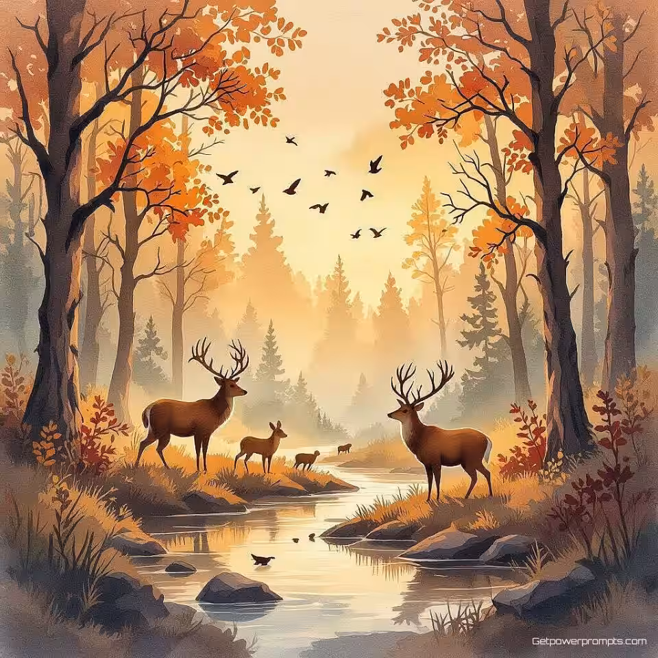 Boslandschap met wildlife, aquarel schilderij illustratie, inspirerend en motiverend sfeer, warme aardetinten kleurenschema, close-up gezichtspunt perspectief, redactioneel omslagontwerp, brochure lay-out, artistieke interpretatie, visuele verhaalvertelling, professionele presentatie