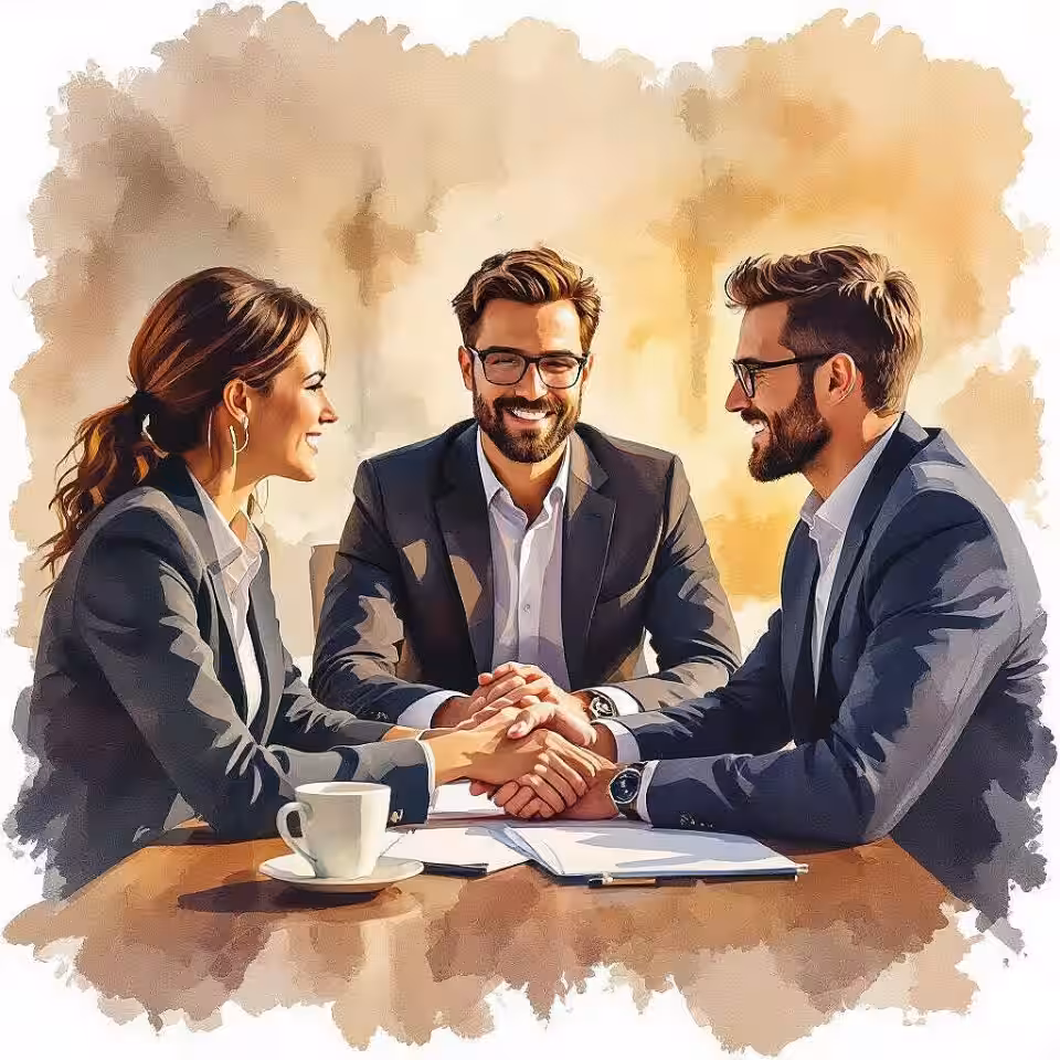 Professioneel bedrijfsteam, aquarel schilderij illustratie, inspirerend en motiverend sfeer, warme aardetinten kleurenschema, close-up gezichtspunt perspectief, redactioneel omslagontwerp, brochure lay-out, artistieke interpretatie, visuele verhaalvertelling, professionele presentatie