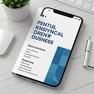 Smartphone, minimalistisch, professioneel sfeer, blauw en wit kleurenschema, centraal perspectief, brochure omslag ontwerp, professionele lay-out, visuele hiërarchie, typografie integratie, moderne esthetiek, schone presentatie