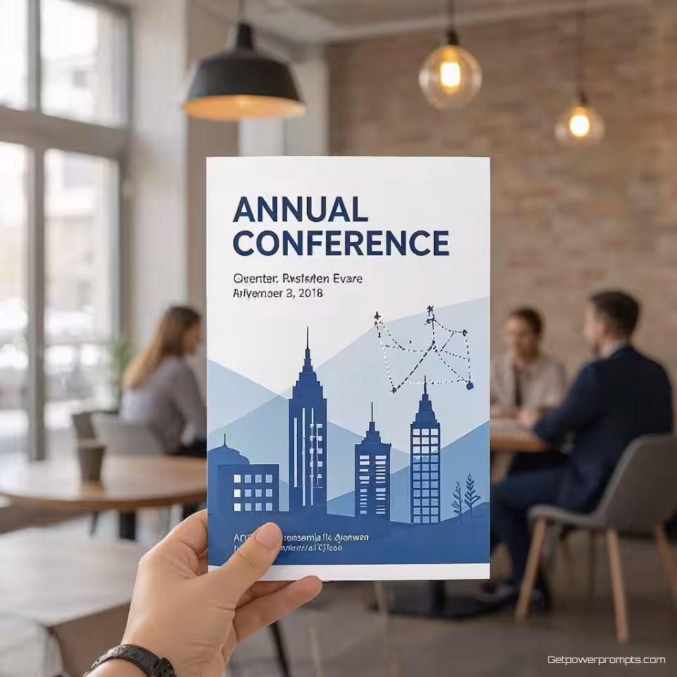 Jaarlijkse conferentie, minimalistisch, professioneel sfeer, blauw en wit kleurenschema, centraal perspectief, brochure omslag ontwerp, professionele lay-out, visuele hiërarchie, typografie integratie, moderne esthetiek, schone presentatie