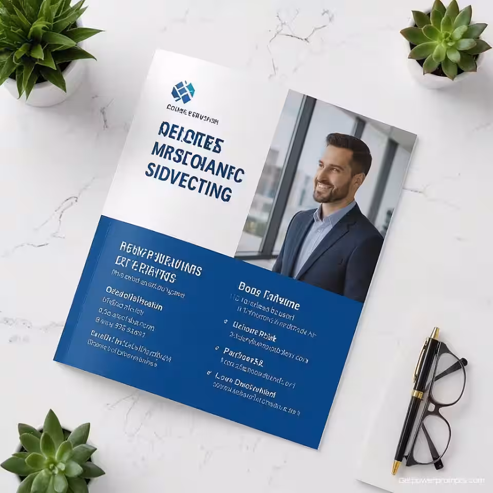 Adviesdiensten, minimalistisch, professioneel sfeer, blauw en wit kleurenschema, centraal perspectief, brochure omslag ontwerp, professionele lay-out, visuele hiërarchie, typografie integratie, moderne esthetiek, schone presentatie
