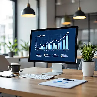 Bedrijfsgroei grafiek, modern minimalistisch infographic, professioneel sfeer, zakelijk blauw kleurenschema, vogelperspectief perspectief, brochure lay-out, datavisualisatie, schoon informatiedesign, professionele presentatie, moderne esthetiek