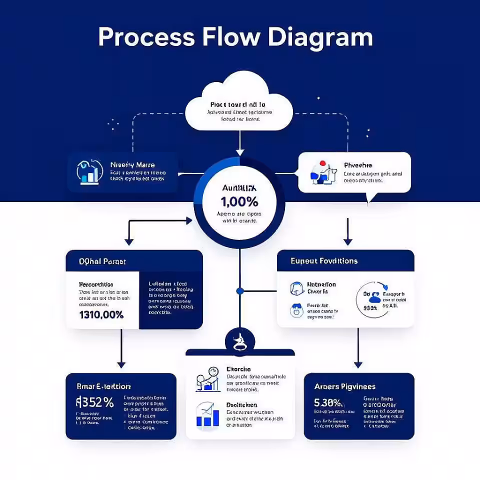 Processtroom diagram, modern minimalistisch infographic, professioneel sfeer, zakelijk blauw kleurenschema, vogelperspectief perspectief, brochure lay-out, datavisualisatie, schoon informatiedesign, professionele presentatie, moderne esthetiek