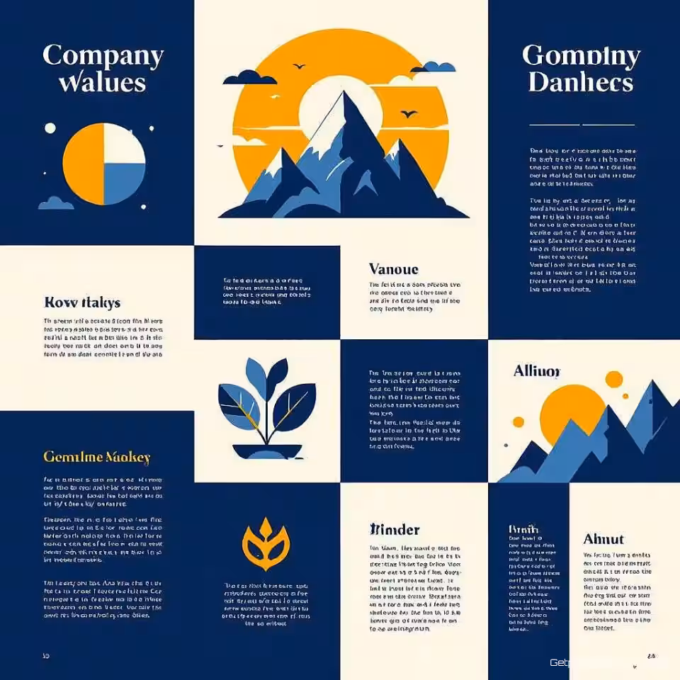 Bedrijfswaarden, minimalistische illustratie, raster lay-out lay-out, professioneel sfeer, monochroom kleurenschema, redactionele spread ontwerp, brochure interieur pagina, professionele typografie, visuele hiërarchie, schone presentatie, magazine esthetiek