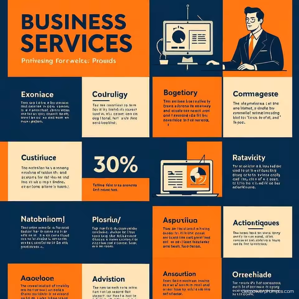 Zakelijke diensten, minimalistische illustratie, raster lay-out lay-out, professioneel sfeer, monochroom kleurenschema, redactionele spread ontwerp, brochure interieur pagina, professionele typografie, visuele hiërarchie, schone presentatie, magazine esthetiek