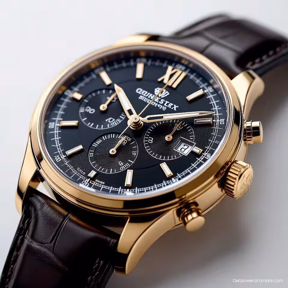 Luxe polshorloge, product detailfotografie, close-up perspectief, studiobelichting belichting, witte achtergrond achtergrond, brochure lay-out, professionele presentatie, scherpe focus, commerciële aantrekkingskracht, redactionele esthetiek
