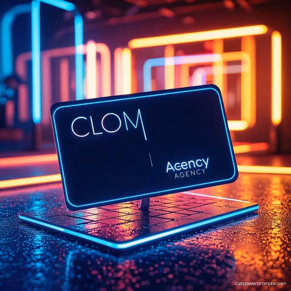 Creatief bureau visitekaartje, gloed effect fotografie, donkere studiobackground achtergrond, dramatische studiobelichting verlichting, elektrisch blauw en roze kleurenschema, neon accenten, professionele zakelijke esthetiek, lichtgevende randen, moderne compositie, scherpe focus, commerciële presentatie