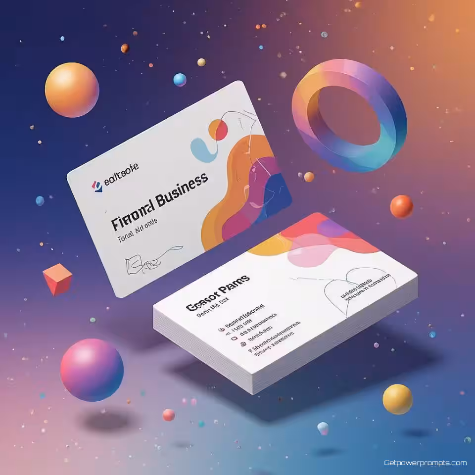 Creatief visitekaartje met artistieke elementen, isometrische 3D-render, schone 3D-render stijl, verloop achtergrond achtergrond, studio verlichting verlichting, geometrische compositie, zwevend perspectief, professionele zakelijke esthetiek, schone lijnen, modern ontwerp