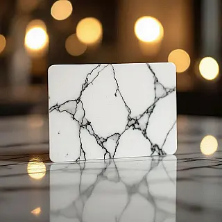 Zakelijk visitekaartje, reflectiefotografie, gepolijst marmer oppervlak, zachte studiobelichting belichting, professionele sfeer sfeer, effen achtergrond achtergrond, gespiegelde compositie, professionele zakelijke esthetiek, scherpe focus, elegant reflectie-effect