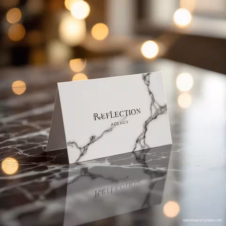 Creatief bureau visitekaartje, reflectiefotografie, gepolijst marmer oppervlak, zachte studiobelichting belichting, professionele sfeer sfeer, effen achtergrond achtergrond, gespiegelde compositie, professionele zakelijke esthetiek, scherpe focus, elegant reflectie-effect