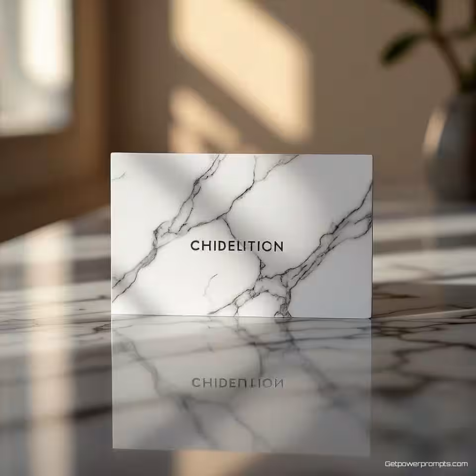 Minimalistisch visitekaartje, reflectiefotografie, gepolijst marmer oppervlak, zachte studiobelichting belichting, professionele sfeer sfeer, effen achtergrond achtergrond, gespiegelde compositie, professionele zakelijke esthetiek, scherpe focus, elegant reflectie-effect