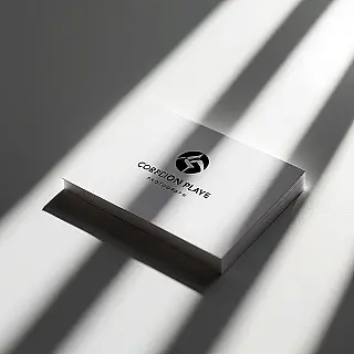 Zakelijk visitekaartje met logo, schaduwspel fotografie, dramatische zijbelichting belichting, schoon wit oppervlak achtergrond, dramatisch en mysterieus sfeer, dramatische schaduwprojectie, professionele zakelijke esthetiek, scherpe focus, artistieke compositie, gebruik van negatieve ruimte