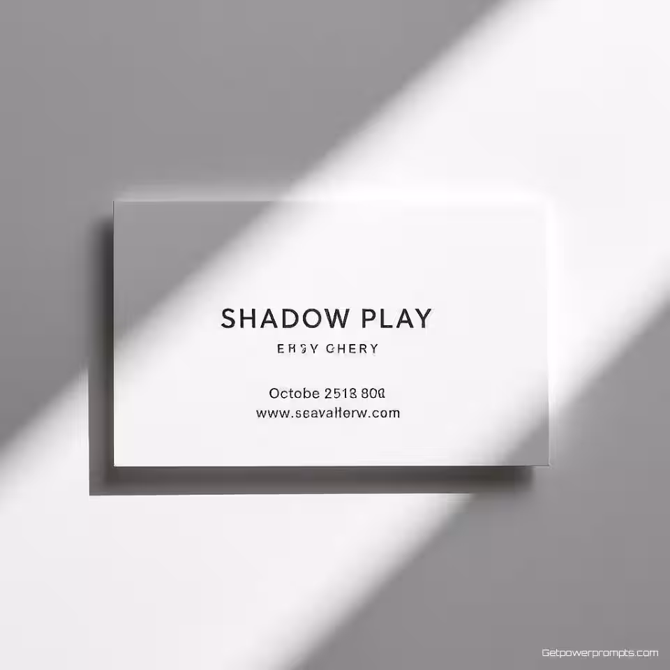 Creatief bureau visitekaartje, schaduwspel fotografie, dramatische zijbelichting belichting, schoon wit oppervlak achtergrond, dramatisch en mysterieus sfeer, dramatische schaduwprojectie, professionele zakelijke esthetiek, scherpe focus, artistieke compositie, gebruik van negatieve ruimte