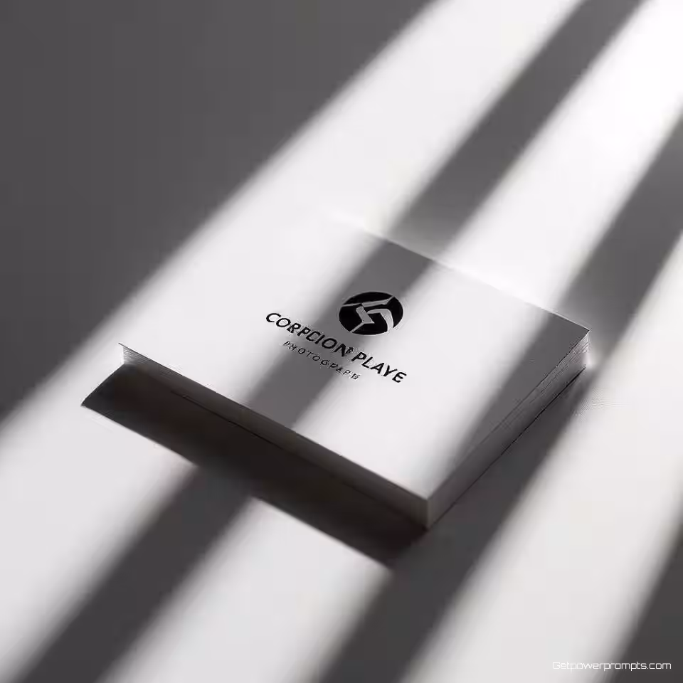 Zakelijk visitekaartje met logo, schaduwspel fotografie, dramatische zijbelichting belichting, schoon wit oppervlak achtergrond, dramatisch en mysterieus sfeer, dramatische schaduwprojectie, professionele zakelijke esthetiek, scherpe focus, artistieke compositie, gebruik van negatieve ruimte