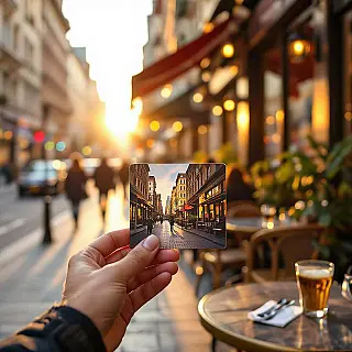 Creatief bureau visitekaartje, stedelijke straatfotografie, levendige stadsenergie sfeer, gouden uur zonlicht verlichting, stedelijke straatachtergrond omgeving, spontane compositie, authentieke straatstijl, professionele zakelijke esthetiek, omgevingsverhaal, natuurlijke stedelijke elementen