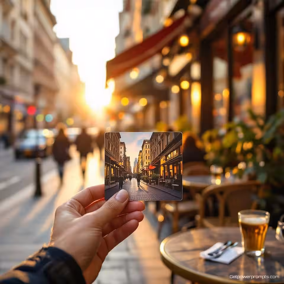 Creatief bureau visitekaartje, stedelijke straatfotografie, levendige stadsenergie sfeer, gouden uur zonlicht verlichting, stedelijke straatachtergrond omgeving, spontane compositie, authentieke straatstijl, professionele zakelijke esthetiek, omgevingsverhaal, natuurlijke stedelijke elementen