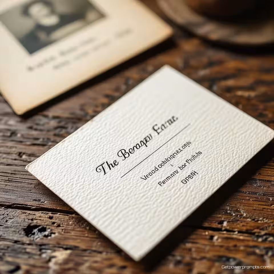 Gestroken papier visitekaartje, vintage fotografie, victoriaans tijdperk esthetiek, zacht natuurlijk licht verlichting, verweerd houten achtergrond achtergrond, verouderde textuur, authentieke patina, professionele zakelijke esthetiek, tijdloze compositie, zachte focus