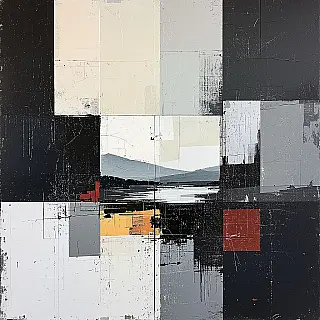 Abstracte schilderkunst compositie, mixed media collage, beschouwende atmosfeer sfeer, hedendaagse kunstboekomslag, effen kleur achtergrond achtergrond, zachte belichting belichting, monochroom palet, abstracte compositie, galerij-esthetiek, professionele publicatiekwaliteit, artistieke expressie, moderne typografielay-out, conceptueel ontwerp