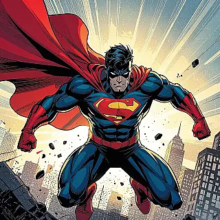 Superheld personage in actiepose, stripboek illustratie, actievol sfeer, grafische roman boekomslag, stedelijk landschap achtergrond, dramatische verlichting verlichting, levendige kleuren, professionele publicatiekwaliteit, sequentiële kunst esthetiek, dynamische compositie, stripboek elementen, gedurfde typografie lay-out, stedelijk hedendaags ontwerp, visueel verhaal