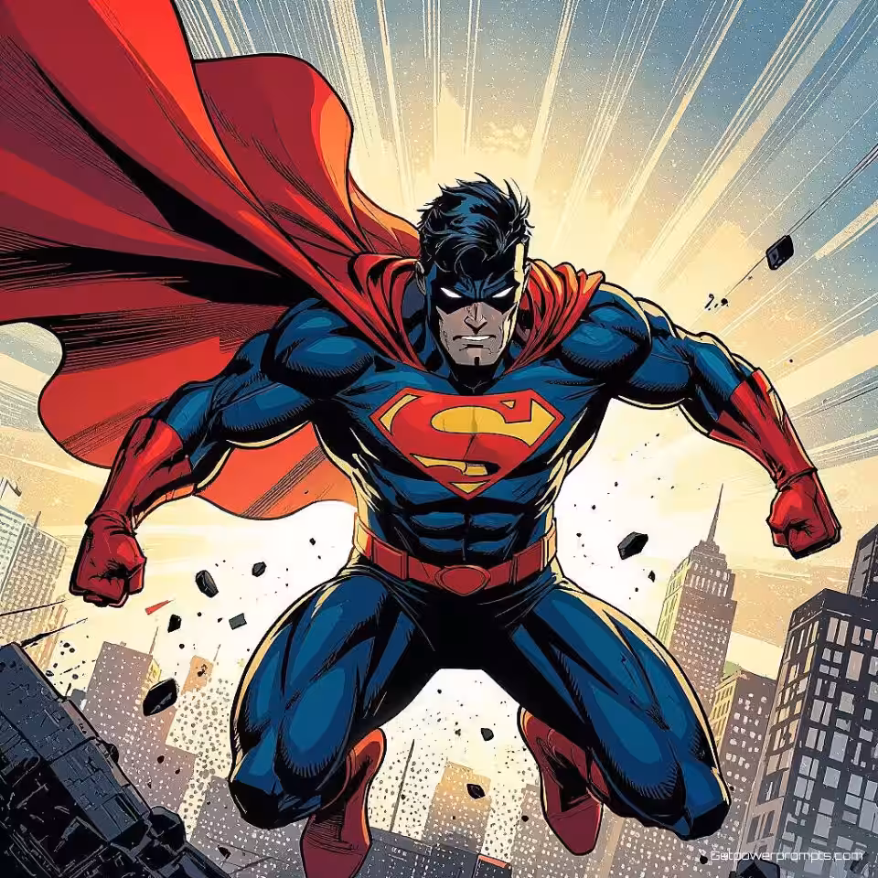 Superheld personage in actiepose, stripboek illustratie, actievol sfeer, grafische roman boekomslag, stedelijk landschap achtergrond, dramatische verlichting verlichting, levendige kleuren, professionele publicatiekwaliteit, sequentiële kunst esthetiek, dynamische compositie, stripboek elementen, gedurfde typografie lay-out, stedelijk hedendaags ontwerp, visueel verhaal