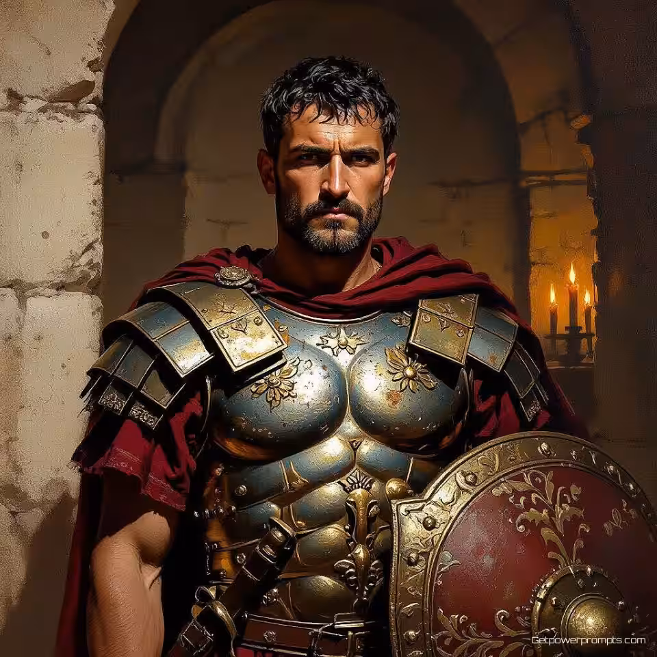 Oude Romeinse soldaat met harnas, olieverfschilderij stijl, dramatische sfeer sfeer, historische fictie boekomslag, kasteel interieur achtergrond, periode-accurate details, zacht daglicht belichting, aarden tinten palet, professionele publicatiekwaliteit, vintage esthetiek, authentieke historische elementen
