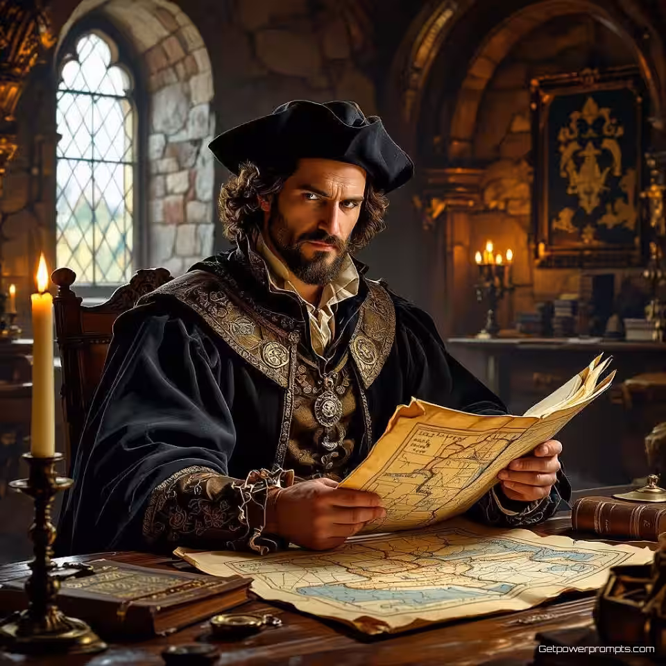 Renaissance ontdekkingsreiziger met kaart, olieverfschilderij stijl, dramatische sfeer sfeer, historische fictie boekomslag, kasteel interieur achtergrond, periode-accurate details, zacht daglicht belichting, aarden tinten palet, professionele publicatiekwaliteit, vintage esthetiek, authentieke historische elementen