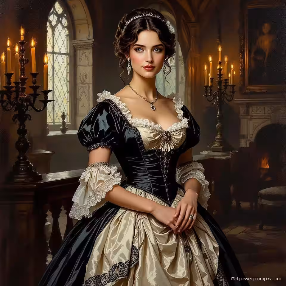 Regency era dame in baljurk, olieverfschilderij stijl, dramatische sfeer sfeer, historische fictie boekomslag, kasteel interieur achtergrond, periode-accurate details, zacht daglicht belichting, aarden tinten palet, professionele publicatiekwaliteit, vintage esthetiek, authentieke historische elementen