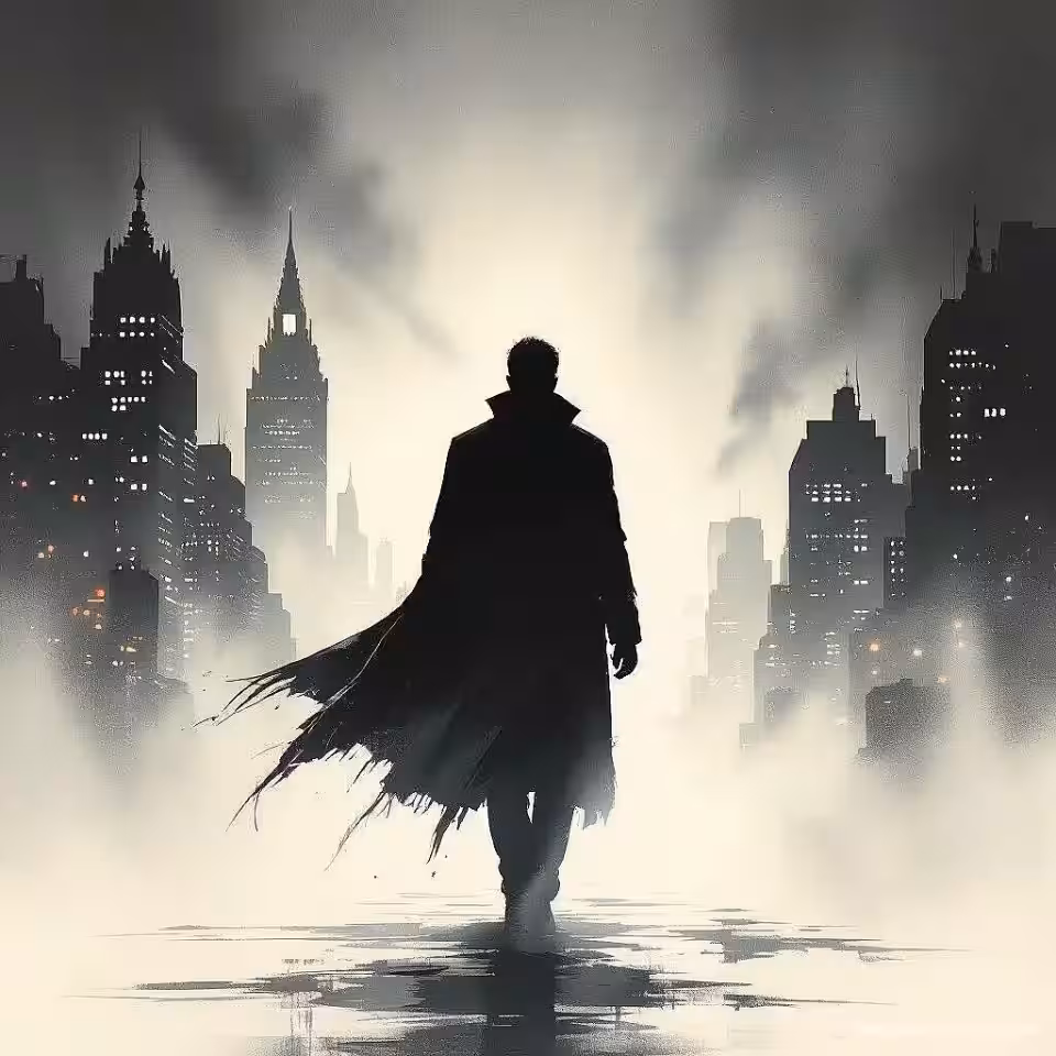 Schaduwrijk figuur, digitale schilderkunst, spannend sfeer, mysterie thriller boekomslag, stedelijk nachtlandschap achtergrond, dramatische belichting, cinematische schaduwen, donkere tonen, professionele publicatiekwaliteit, atmosferische spanning