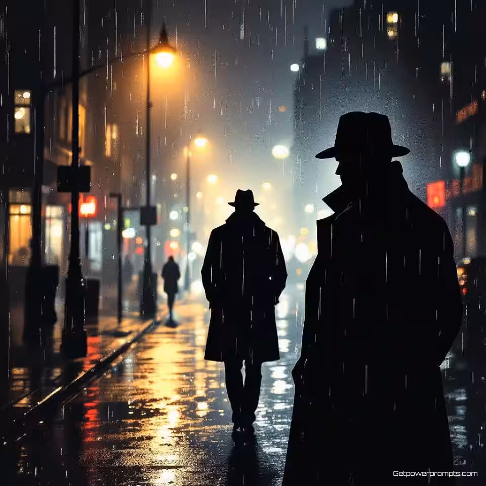 Detective silhouet, digitale schilderkunst, spannend sfeer, mysterie thriller boekomslag, stedelijk nachtlandschap achtergrond, dramatische belichting, cinematische schaduwen, donkere tonen, professionele publicatiekwaliteit, atmosferische spanning