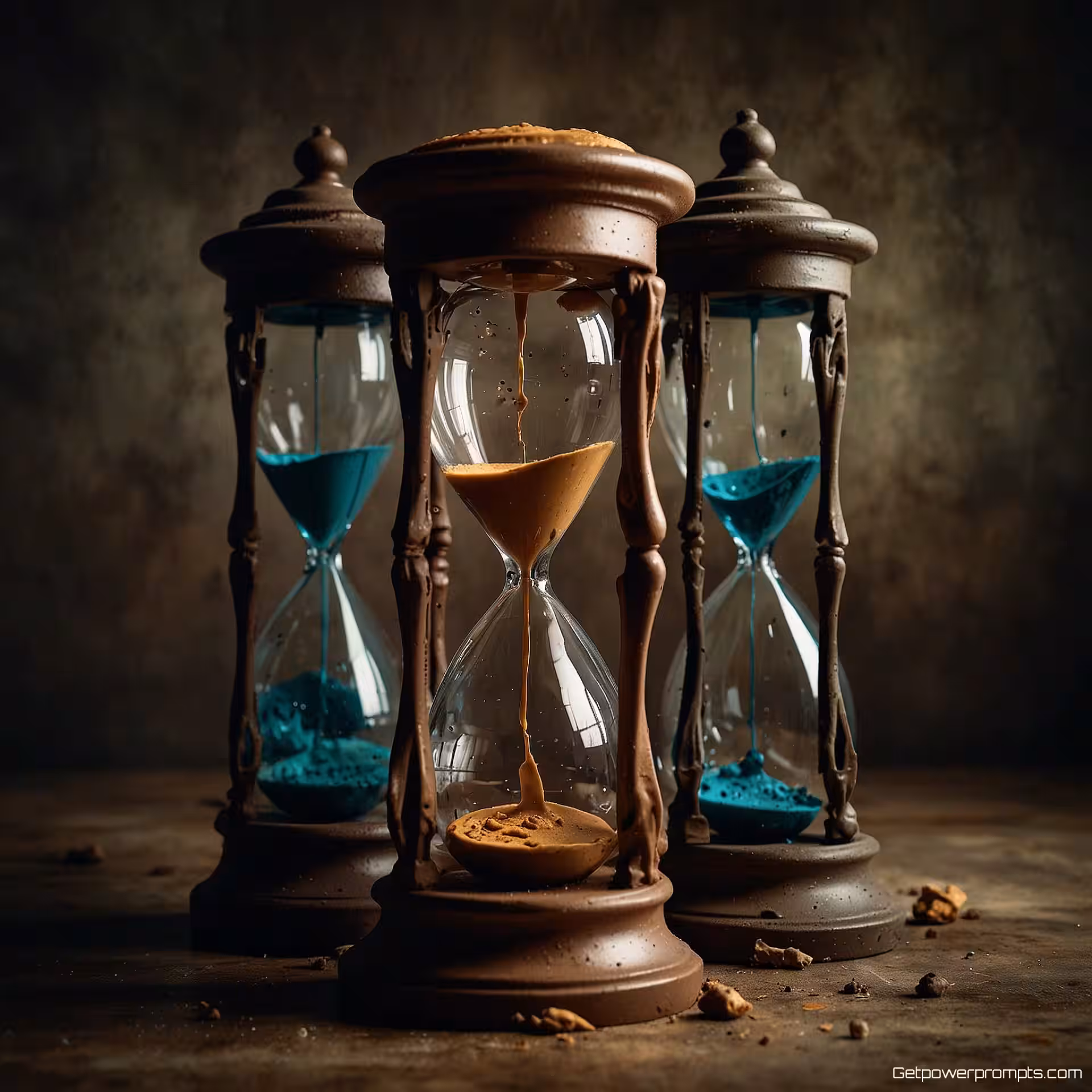 Smeltende klokken en zandlopers, conceptuele kunstfotografie, abstract, close-up perspectief, contrastrijk belichting, dromerig sfeer, redactionele tijdschrift esthetiek, aards, symbolische elementen, artistieke interpretatie, gedachteprikkelende compositie, tijdschrift kunstfunctie