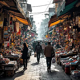 Drukke straatmarkt met verkopers, documentaire fotografie voor tijdschriften, fotorealistisch, groothoek perspectief perspectief, natuurlijke belichting belichting, authentieke sfeer atmosfeer, redactioneel verhalen vertellen, authentieke momenten, professionele tijdschrift esthetiek, aards kleurenpalet, spontane compositie, narratieve diepte, journalistieke benadering