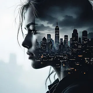 Menselijk portret met stedelijke skyline, dubbele belichting fotografie, illustratie stijl, close-up perspectief, zacht natuurlijk licht verlichting, dromerig atmosfeer, redactionele magazine esthetiek, monochroom met accenten, gelaagde compositie, artistieke vermenging, conceptueel verhalen vertellen, professionele magazine feature, visueel narratief, creatieve overlay