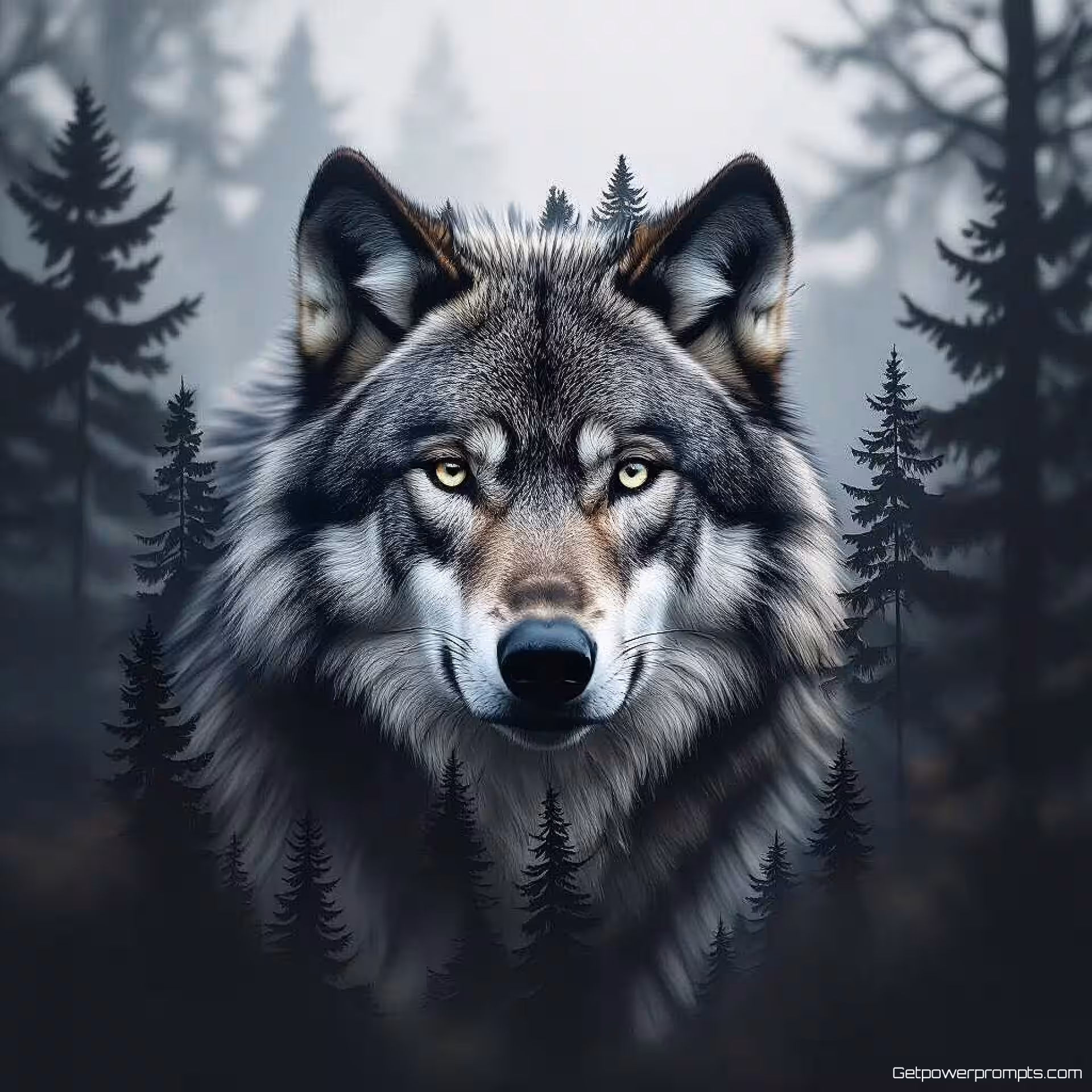 Wolf met bosachtergrond, dubbele belichting fotografie, fotorealistisch, close-up perspectief, zacht natuurlijk licht verlichting, dromerig atmosfeer, redactionele magazine esthetiek, monochroom met accenten, gelaagde compositie, artistieke vermenging, conceptueel verhalen vertellen, professionele magazine feature, visueel narratief, creatieve overlay