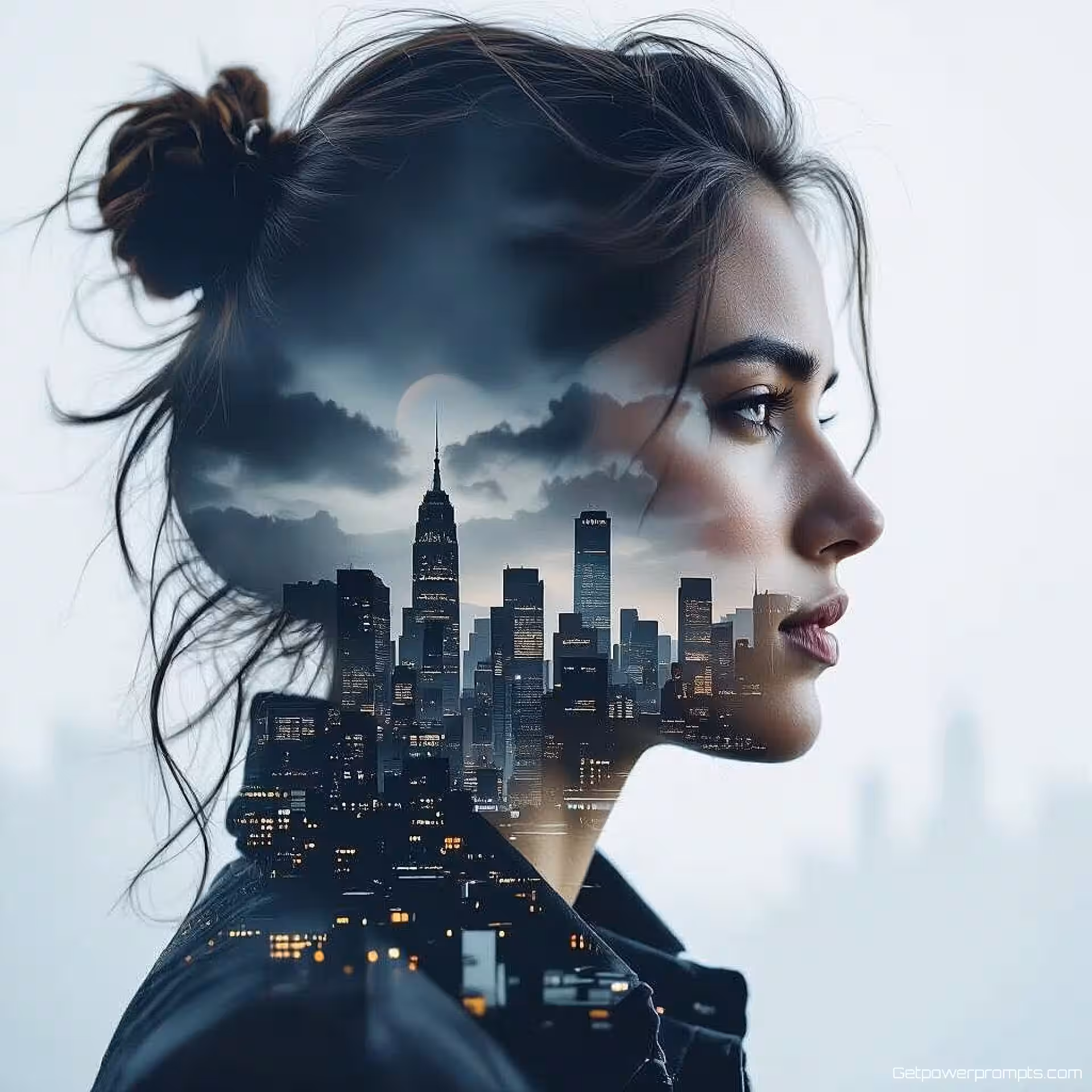 Menselijk portret met stedelijke skyline, dubbele belichting fotografie, fotorealistisch, close-up perspectief, zacht natuurlijk licht verlichting, dromerig atmosfeer, redactionele magazine esthetiek, monochroom met accenten, gelaagde compositie, artistieke vermenging, conceptueel verhalen vertellen, professionele magazine feature, visueel narratief, creatieve overlay