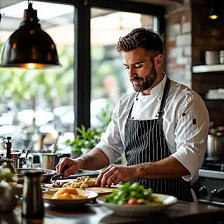 Professionele kok in restaurantkeuken, milieu portretfotografie, cinematisch, medium shot perspectief, natuurlijk licht belichting, intiem atmosfeer, professionele tijdschrift esthetiek, aards, contextuele achtergrond, verhalende omgeving, authentieke setting, redactionele portretstijl