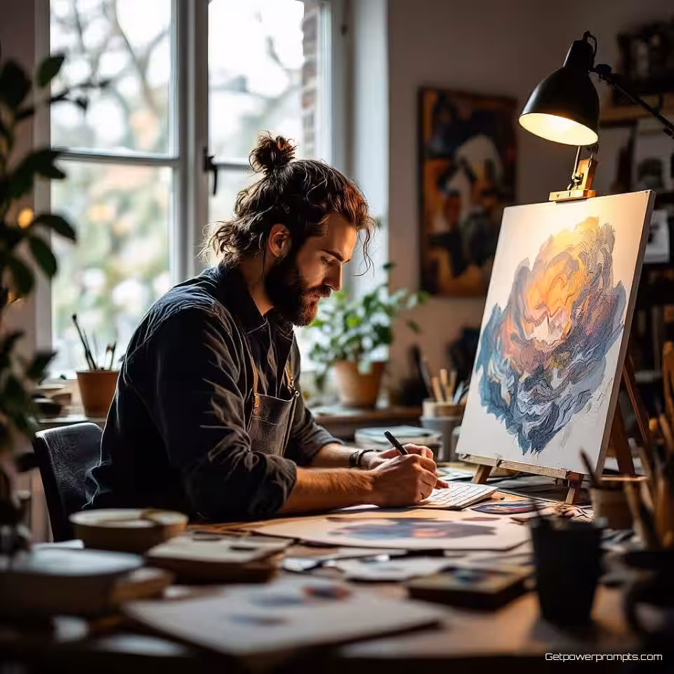 Kunstenaar werkend in creatief atelier, milieu portretfotografie, fotorealistisch, medium shot perspectief, natuurlijk licht belichting, intiem atmosfeer, professionele tijdschrift esthetiek, aards, contextuele achtergrond, verhalende omgeving, authentieke setting, redactionele portretstijl