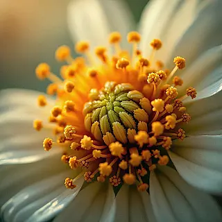 Bloem meeldraden en stuifmeel, tijdschrift macrofotografie, artistiek, extreme close-up perspectief, studio belichting belichting, dramatisch sfeer, redactionele tijdschrift esthetiek, aards, extreme close-up, ingewikkelde details, ondiepe scherptediepte, professionele tijdschrift feature, textuur focus, vergrotings effecten