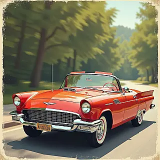 Jaren 60 cabriolet auto, retro fotografie, retro illustratie stijl, groothoek perspectief perspectief, zacht natuurlijk licht belichting, nostalgische sfeer sfeer, vintage magazine esthetiek, verzadigde kleuren palet, nostalgische elementen, filmkorrel effecten, tijdperk-passende stijl, redactionele retro feature