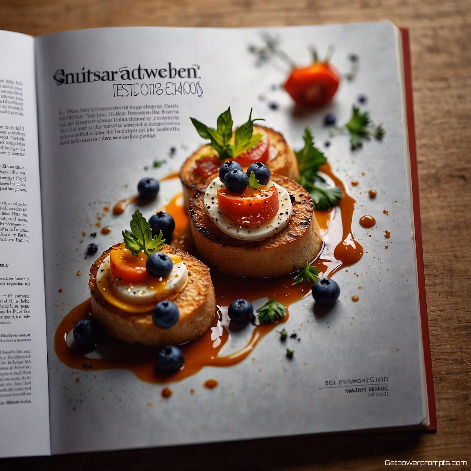 Gourmet gerechtbereiding, tijdschrift spread fotografie, cinematisch, ooghoogte perspectief, zacht natuurlijk licht belichting, redactionele lay-out, dramatisch sfeer, professionele tijdschriftkwaliteit, levendige kleuren, dubbele pagina spread ontwerp