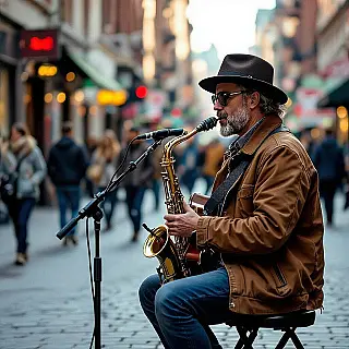 Straatmuzikant die optreedt, straatfotografie, fotorealistisch, groothoek perspectief, natuurlijk daglicht belichting, levendig sfeer, redactionele magazine esthetiek, aards, spontane stedelijke momenten, authentieke straattaferelen, journalistieke benadering, documentaire stijl, stedelijke omgeving, spontane compositie