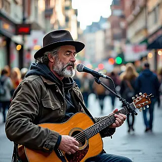 Straatmuzikant die optreedt, straatfotografie, documentaire stijl, groothoek perspectief, natuurlijk daglicht belichting, levendig sfeer, redactionele magazine esthetiek, aards, spontane stedelijke momenten, authentieke straattaferelen, journalistieke benadering, documentaire stijl, stedelijke omgeving, spontane compositie