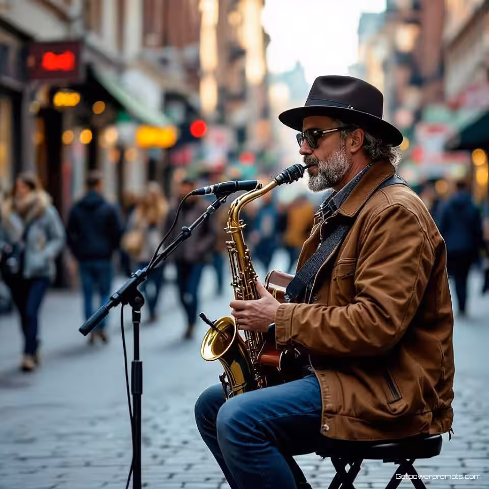 Straatmuzikant die optreedt, straatfotografie, fotorealistisch, groothoek perspectief, natuurlijk daglicht belichting, levendig sfeer, redactionele magazine esthetiek, aards, spontane stedelijke momenten, authentieke straattaferelen, journalistieke benadering, documentaire stijl, stedelijke omgeving, spontane compositie