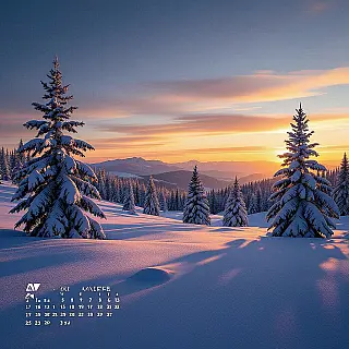 Besneeuwd landschap met dennenbomen, fotorealistisch fotografie, groothoek perspectief, gouden uur belichting, pastelkleuren, rustgevend atmosfeer, kalender maandfunctie, thematische visuele verhalen, professionele fotografie, artistieke compositie, schone achtergrond, ondiepe scherptediepte