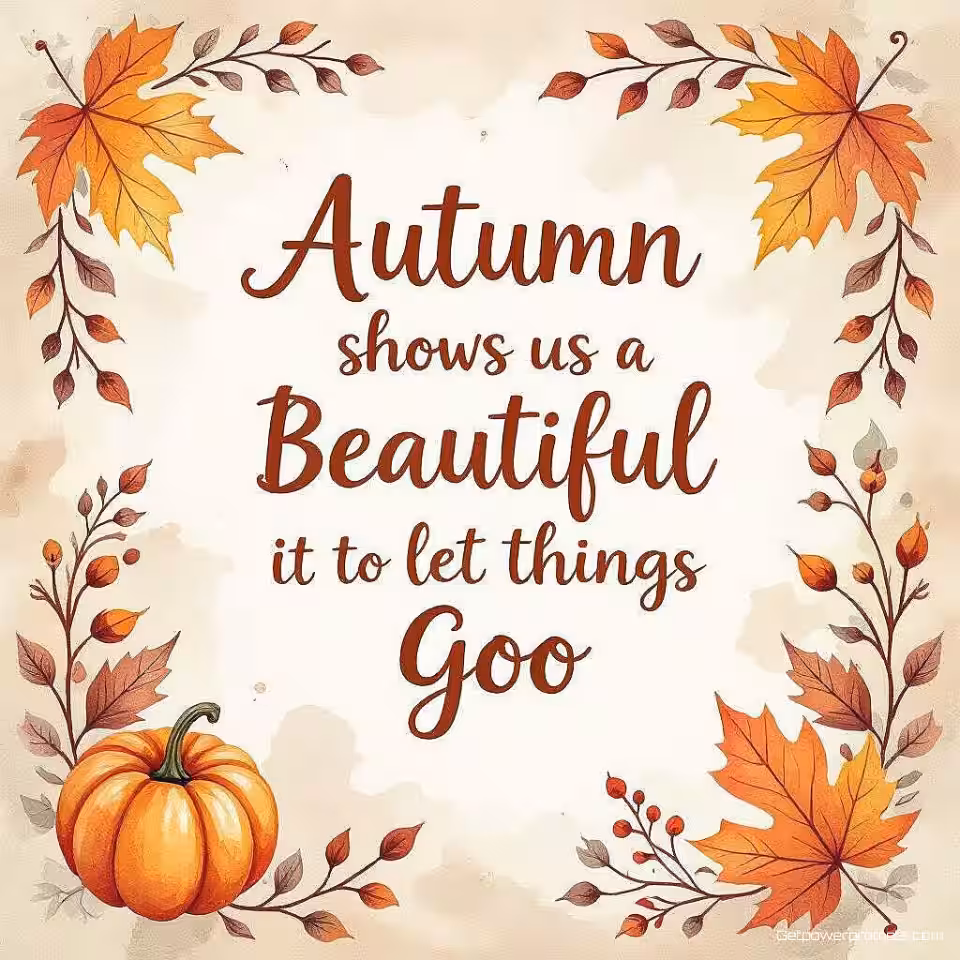 De herfst laat ons zien hoe mooi het is om dingen los te laten, aquarel typografie, bloemrijke elementen achtergrond, gecentreerde compositie perspectief, aardse tinten, rustige sfeer atmosfeer, inspirerende kalenderkunst, motiverend citaatontwerp, organische elementenintegratie, professionele lay-out, artistieke lettering, natuurlijke textuurachtergrond