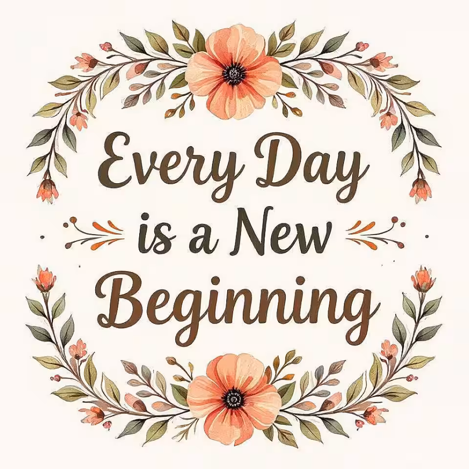 Elke dag is een nieuw begin, aquarel typografie, bloemrijke elementen achtergrond, gecentreerde compositie perspectief, aardse tinten, rustige sfeer atmosfeer, inspirerende kalenderkunst, motiverend citaatontwerp, organische elementenintegratie, professionele lay-out, artistieke lettering, natuurlijke textuurachtergrond