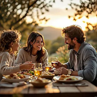 Gezin geniet van diner, lifestylefotografie, blij sfeer, natuurlijk buiten achtergrond, gouden uur belichting, close-up perspectief, authentiek moment, printkwaliteit, natuurlijke esthetiek, zachte achtergrondfocus