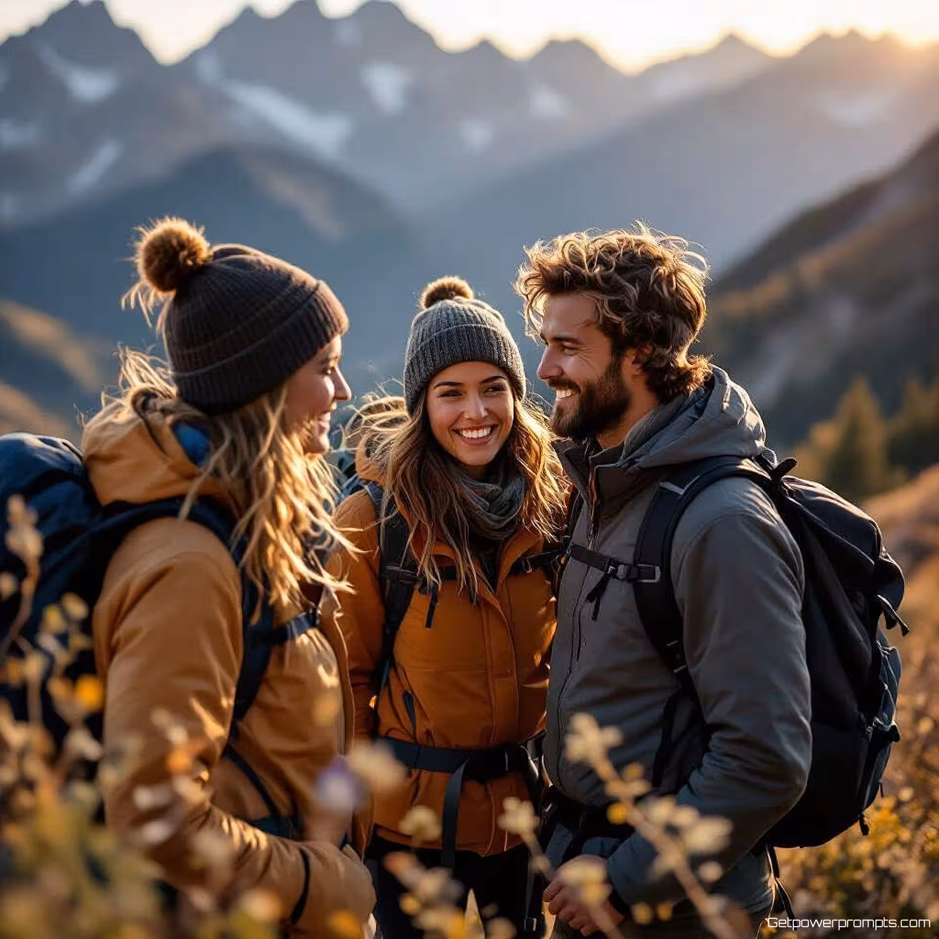 Vrienden wandelen in bergen, lifestylefotografie, blij sfeer, natuurlijk buiten achtergrond, gouden uur belichting, close-up perspectief, authentiek moment, printkwaliteit, natuurlijke esthetiek, zachte achtergrondfocus