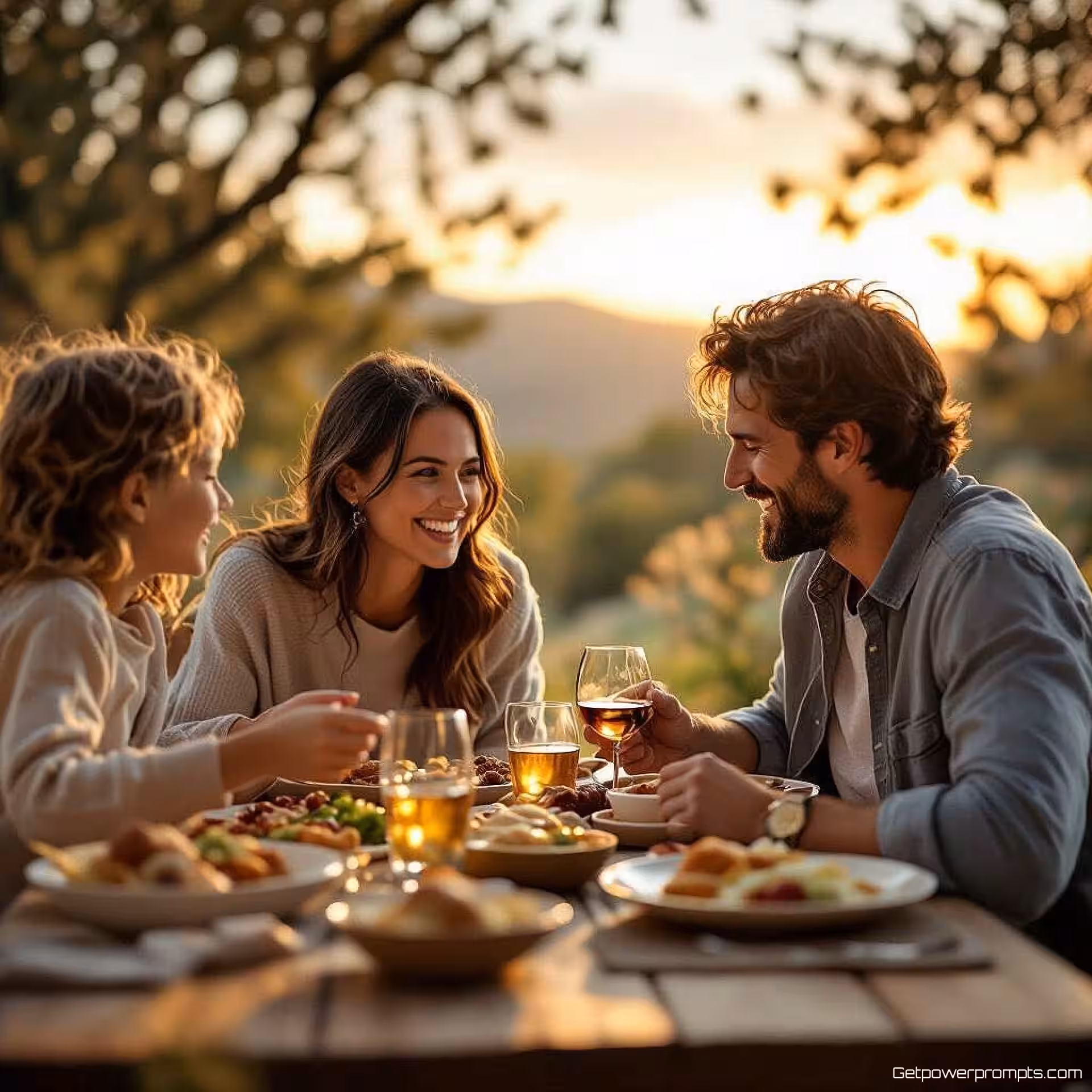 Gezin geniet van diner, lifestylefotografie, blij sfeer, natuurlijk buiten achtergrond, gouden uur belichting, close-up perspectief, authentiek moment, printkwaliteit, natuurlijke esthetiek, zachte achtergrondfocus